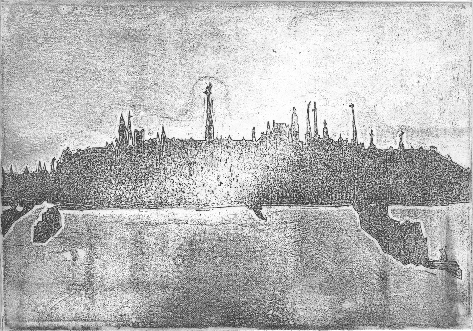 Black and White skyline of Brussels, inspired by Jollain, art by Fanny Peyratout.
